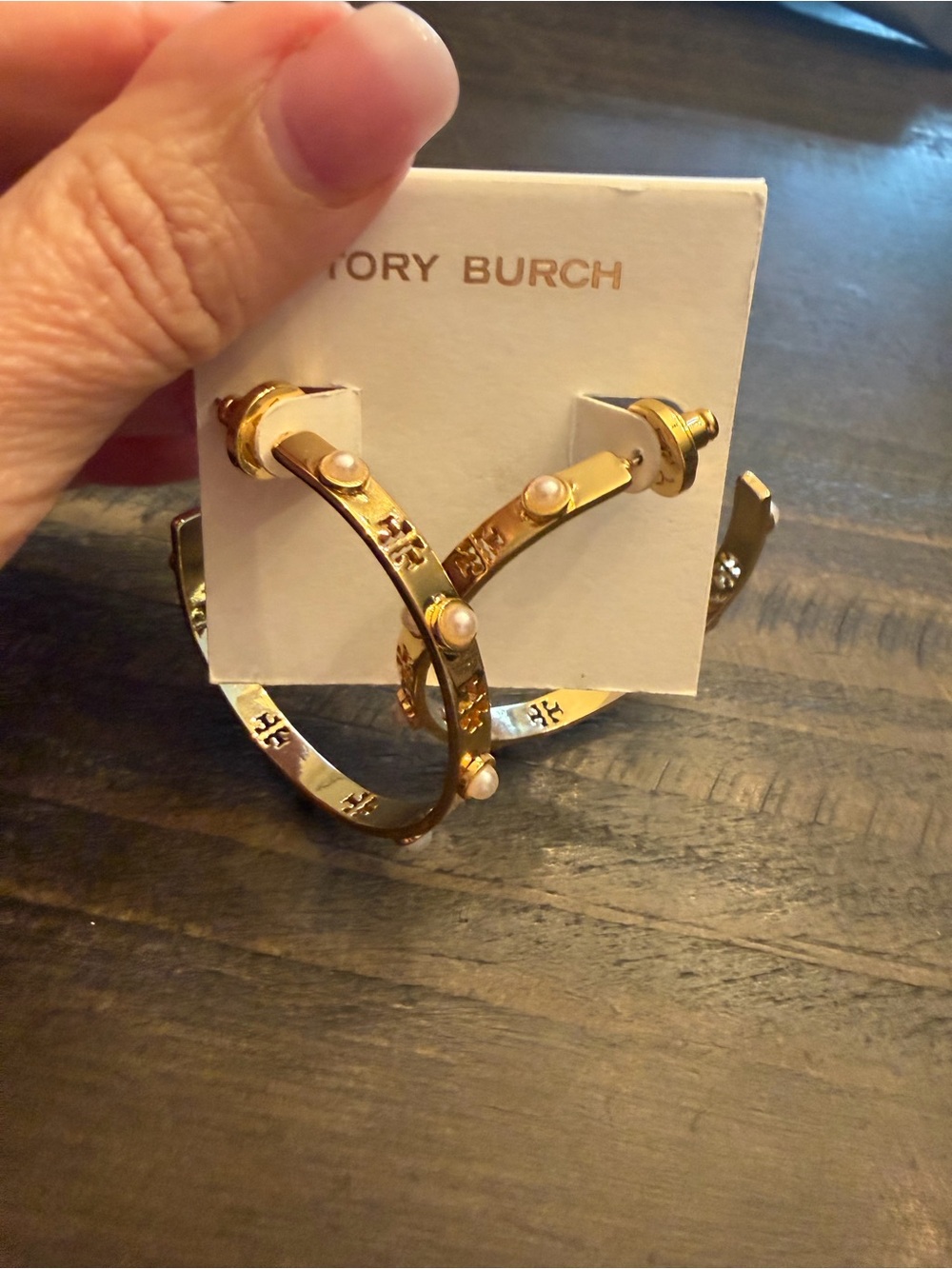 Tory Burch Gold Hoop Earrings with Pearl Accent Studs